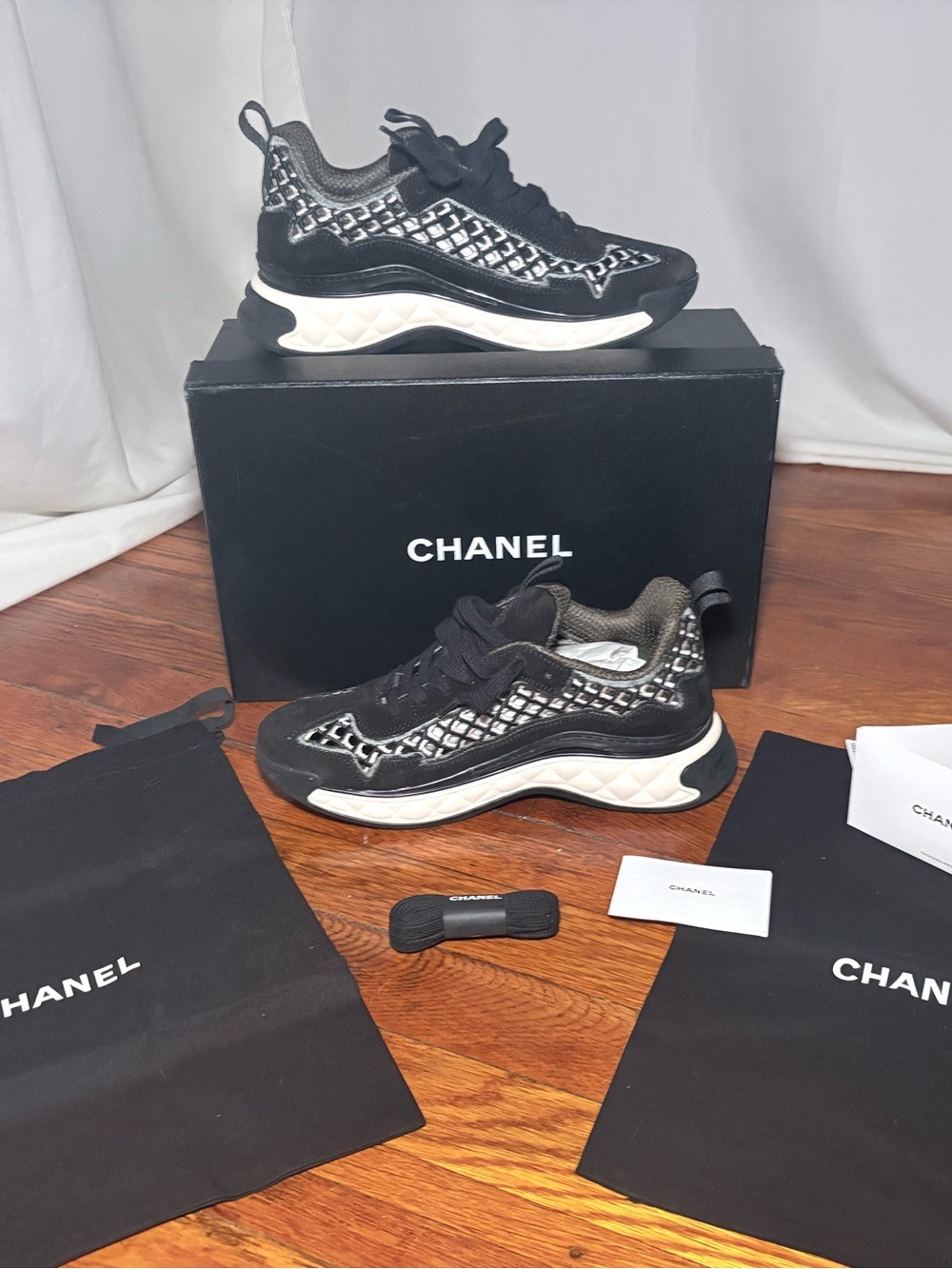 CHANEL Black and White Women's Woven-Detail Chunky Sneakers